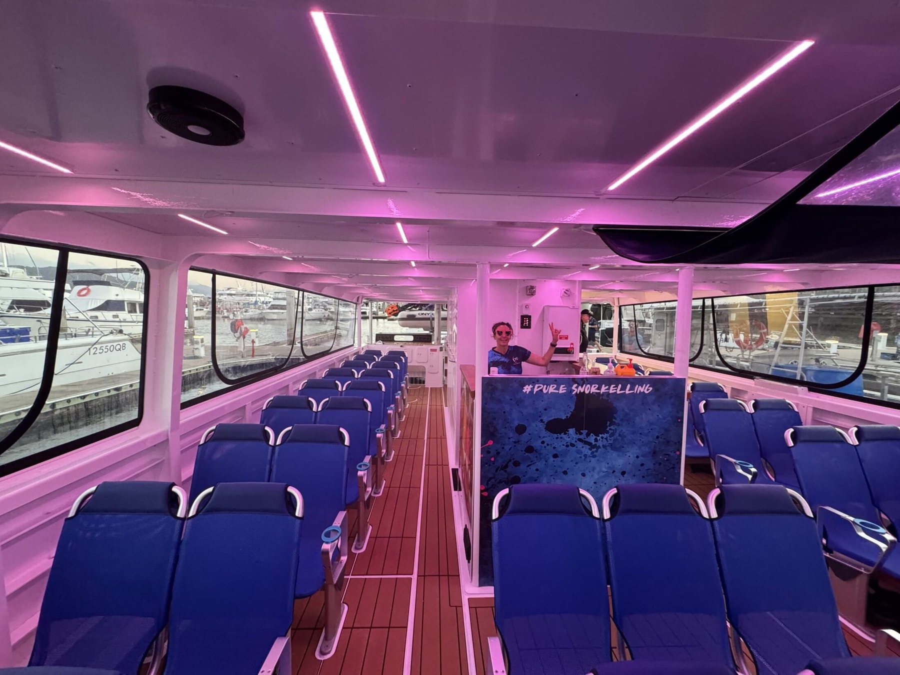 Air conditioned cabin interior of the Pure Snorkelling vessel