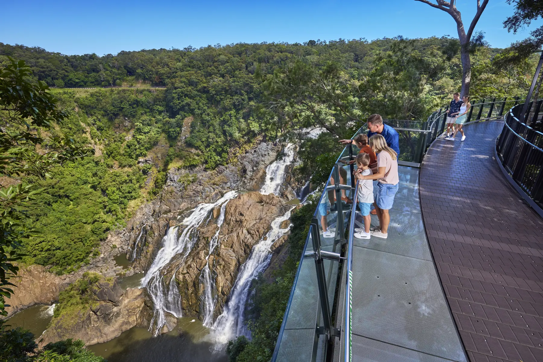 Boardwalk lookout over Barron Falls in full flow at the Skyrail Barron Falls station