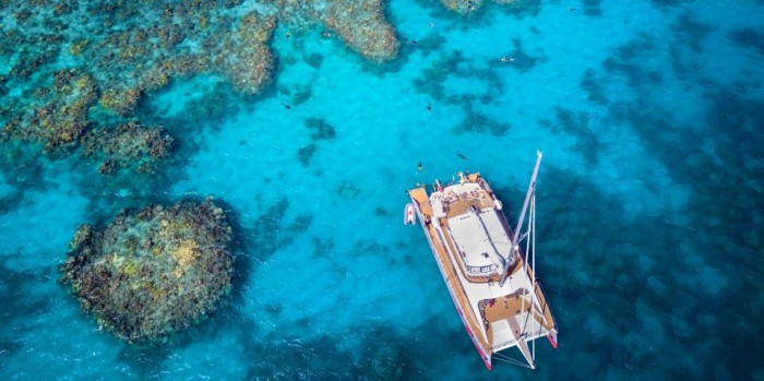 Aerial view, boat over coral