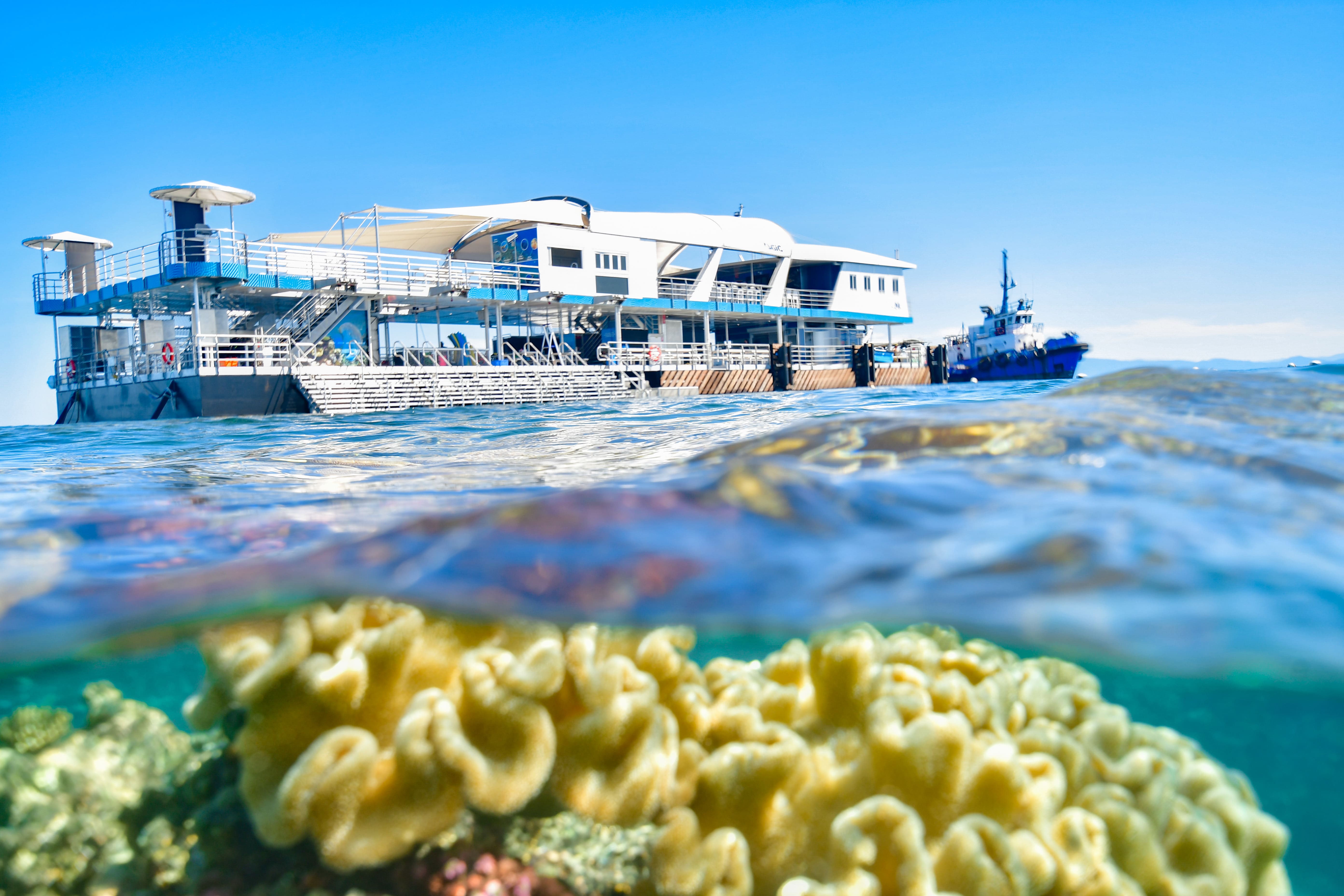 Pontoon moored, reef visible
