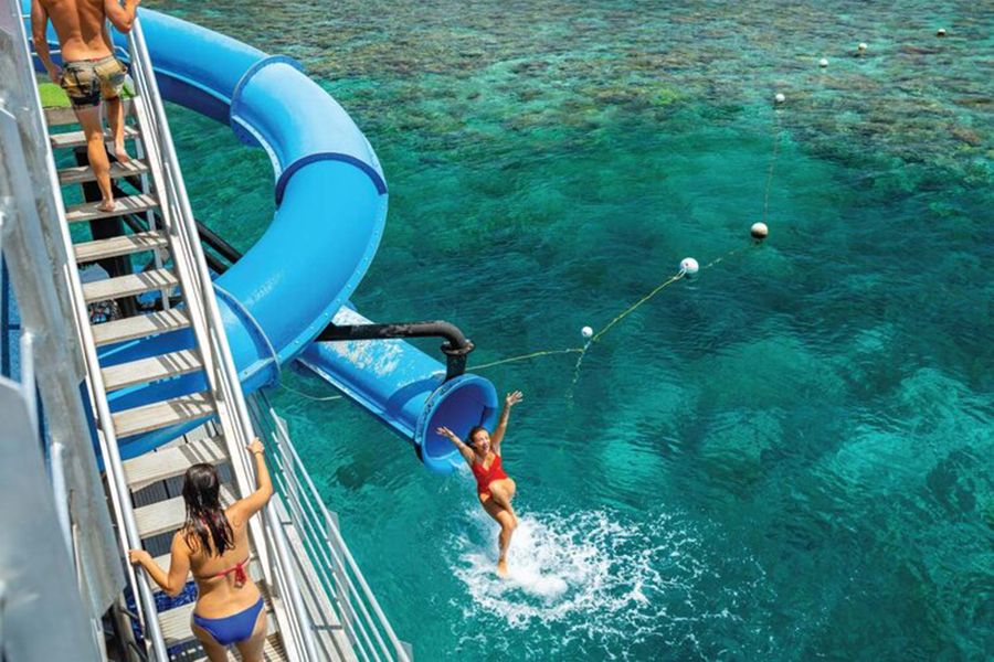 Pontoon waterslide in action